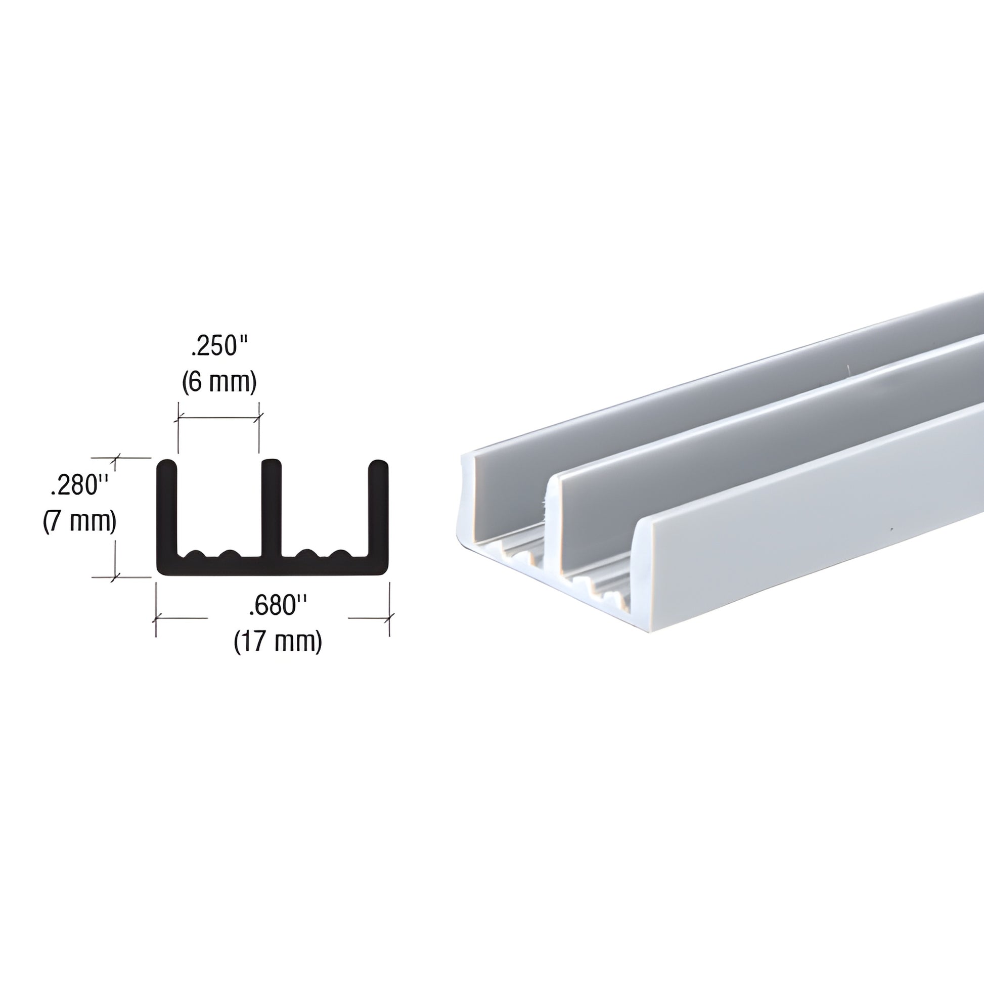 D706GRY gray extruded PVC lower track for 3/16" (5mm) glass panels, U-shaped channel, 0.68" (17mm) wide.