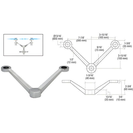 PMR2VBS SS V-shaped post mount glass fitting for 1/2" tempered glass; mounts to end or center post, hardware included.