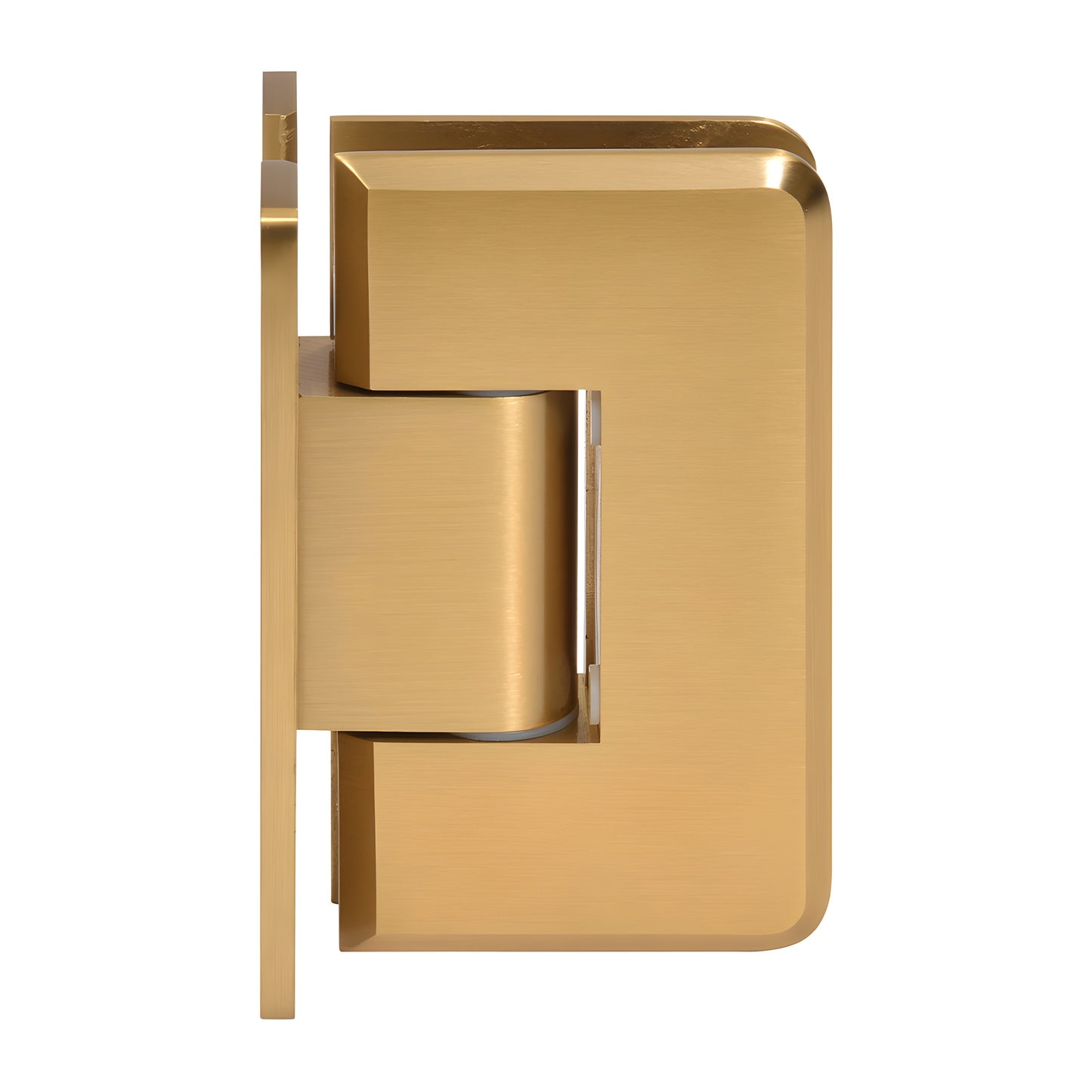 Modern gold brass adjustable shower door hinge (Cologne), wall-mount for 3/8-1/2 in tempered glass.