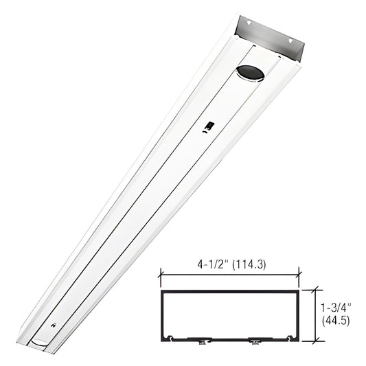White Kynar 72-inch fabricated door header prepped for center-hung concealed overhead closers, weatherstrip included. SKU HB2