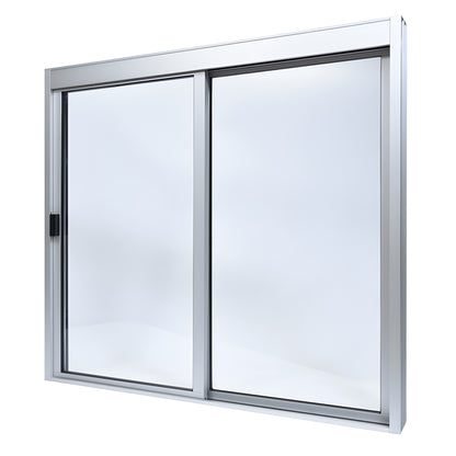 DW4844X0GA satin anodized aluminum 4" frame sliding service window, XO left-slide, factory 1/4" clear tempered glass.