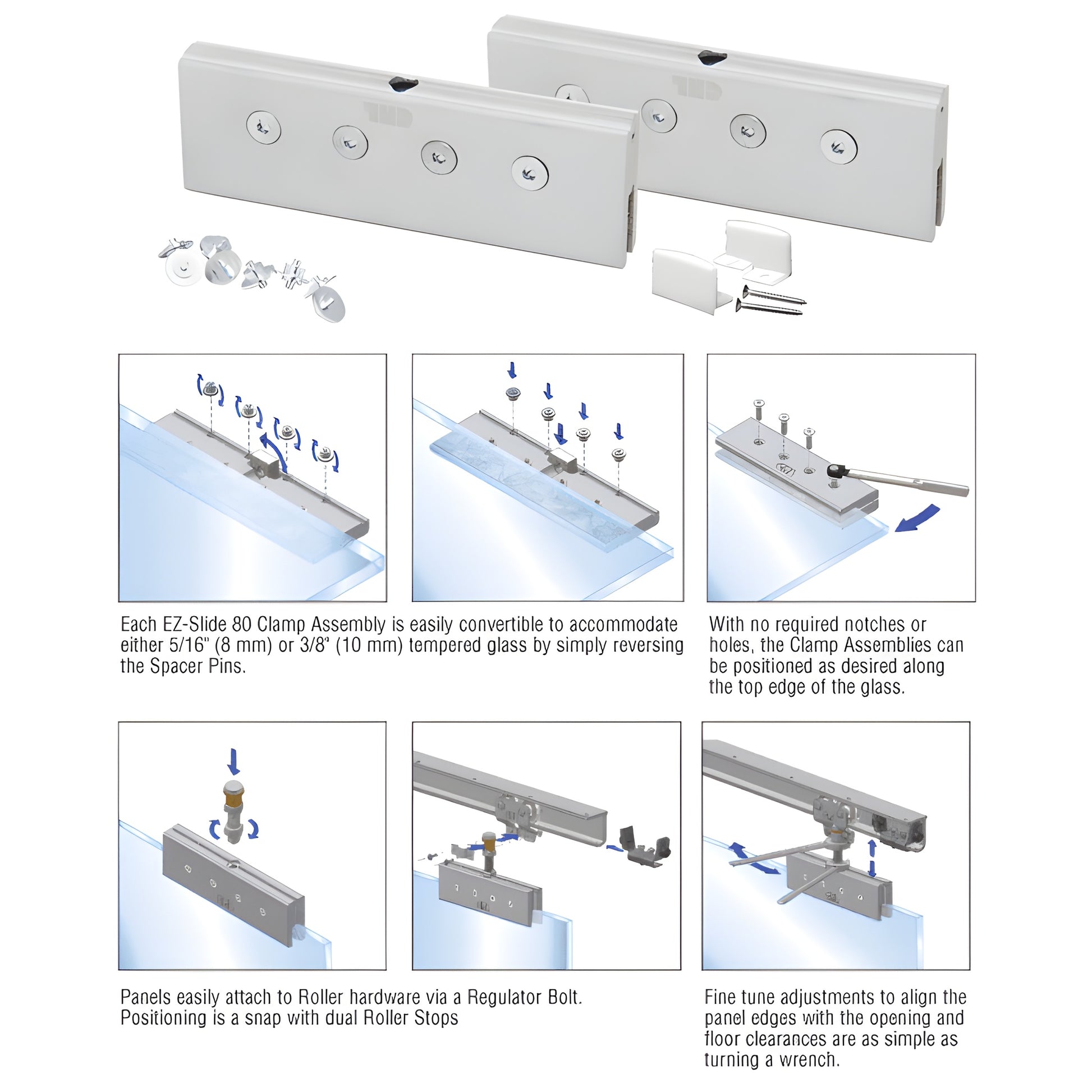 Pair of CRL EZ-Slide 80 glass clamps with screws and nylon bottom guide for 5/16-3/8 in (8-10mm) tempered glass, SKU CRL3926.