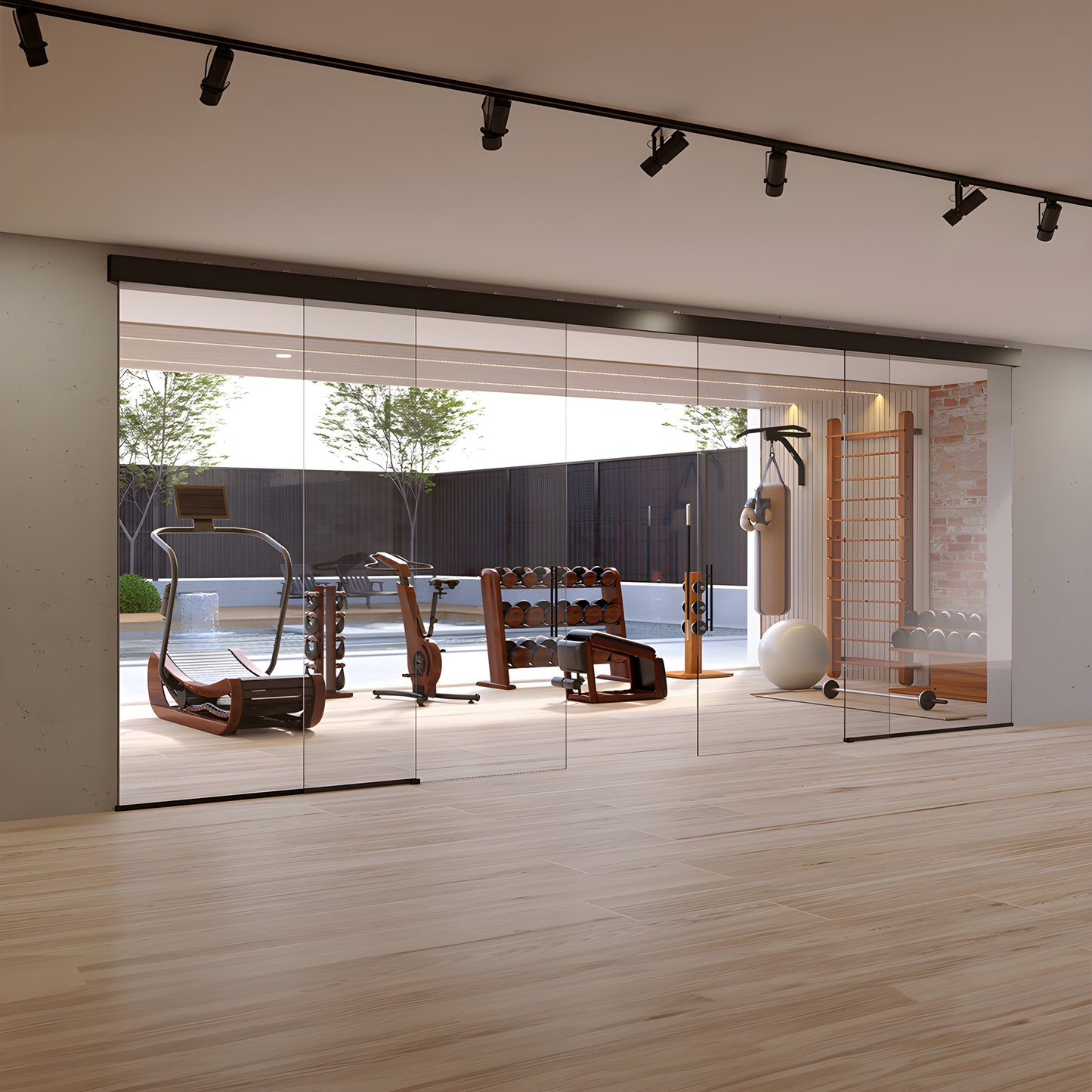 Matte black wall-mounted top track with two synchronized sliding tempered glass panels.