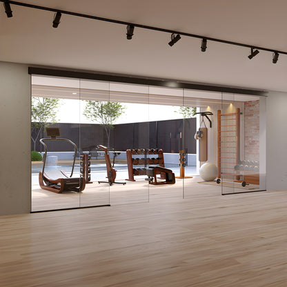 Matte black wall-mounted top track with two synchronized sliding tempered glass panels.