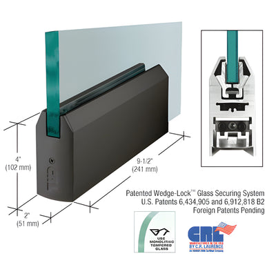 Black Powder-Coated 4" Tapered Door Rail 9.5" for 1/2" Glass - No Lock