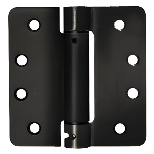 Antique oil-rubbed bronze 4x4 heavy-duty spring hinge (SKU S4410B) with 1/4 radius corners.