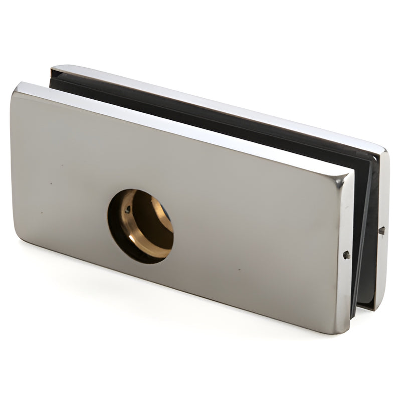 Polished stainless steel patch lock AR2034PS for 3/4" (19mm) glass, corner mount, tall profile with cylinder hole.