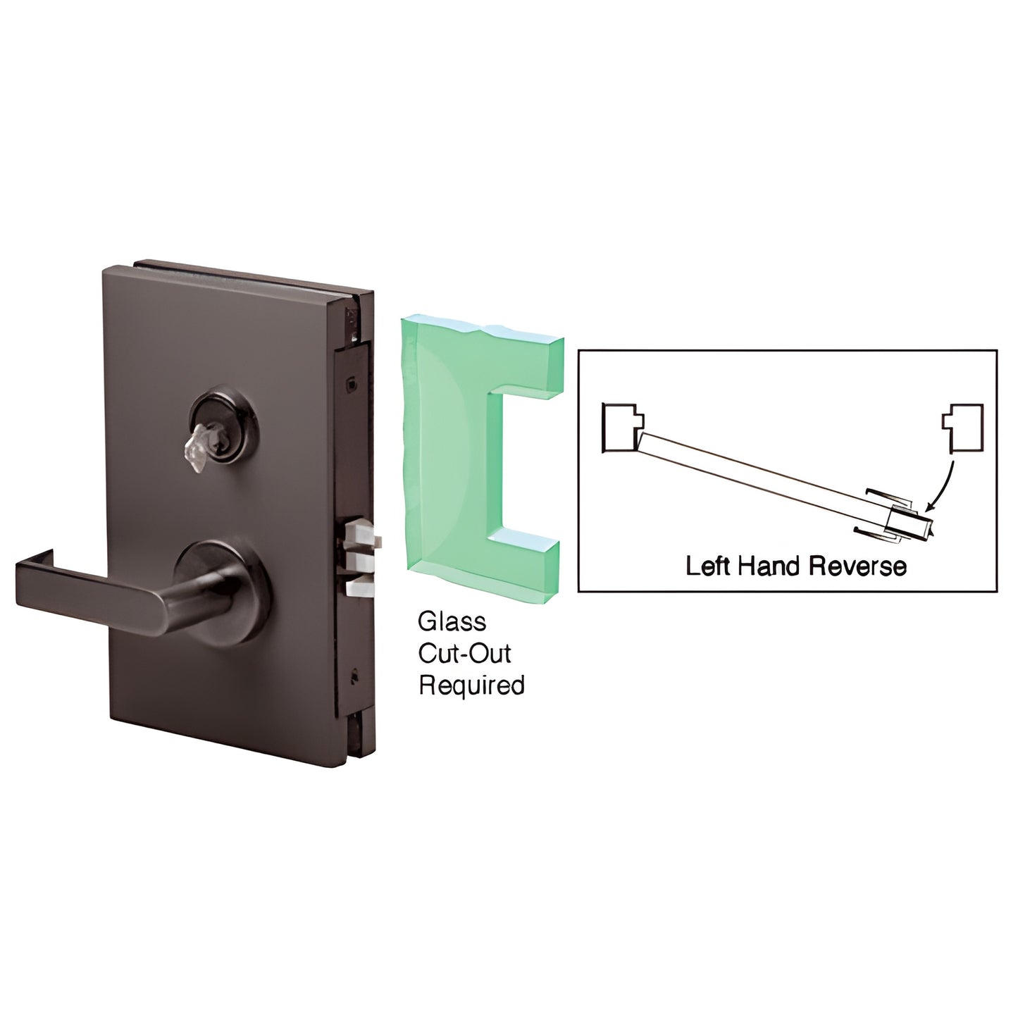 DL611LMDU black bronze 6x10 center lock for 1/2" tempered glass, deadlatch, left-hand reverse lever.