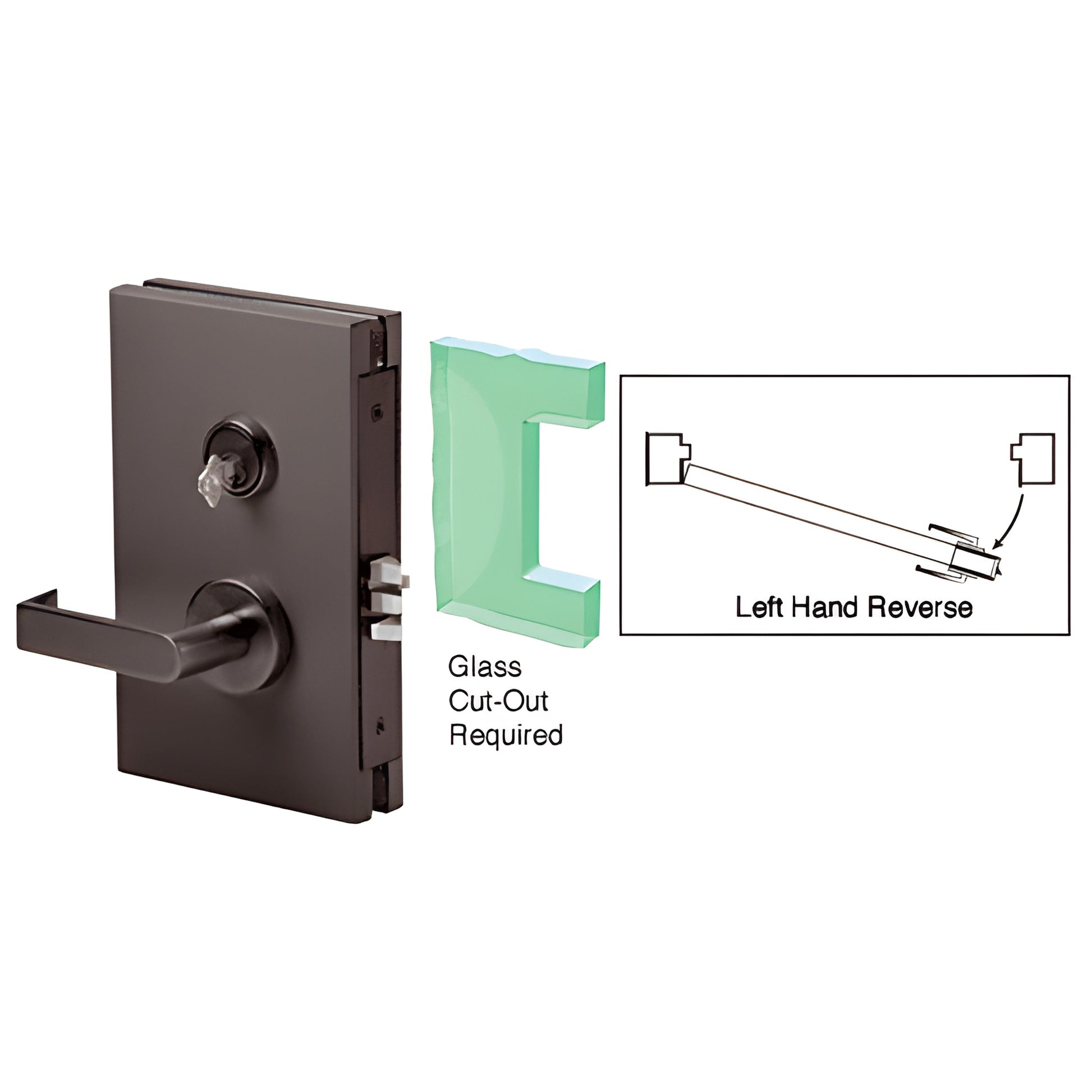 DL611LMDU black bronze 6x10 center lock for 1/2" tempered glass, deadlatch, left-hand reverse lever.