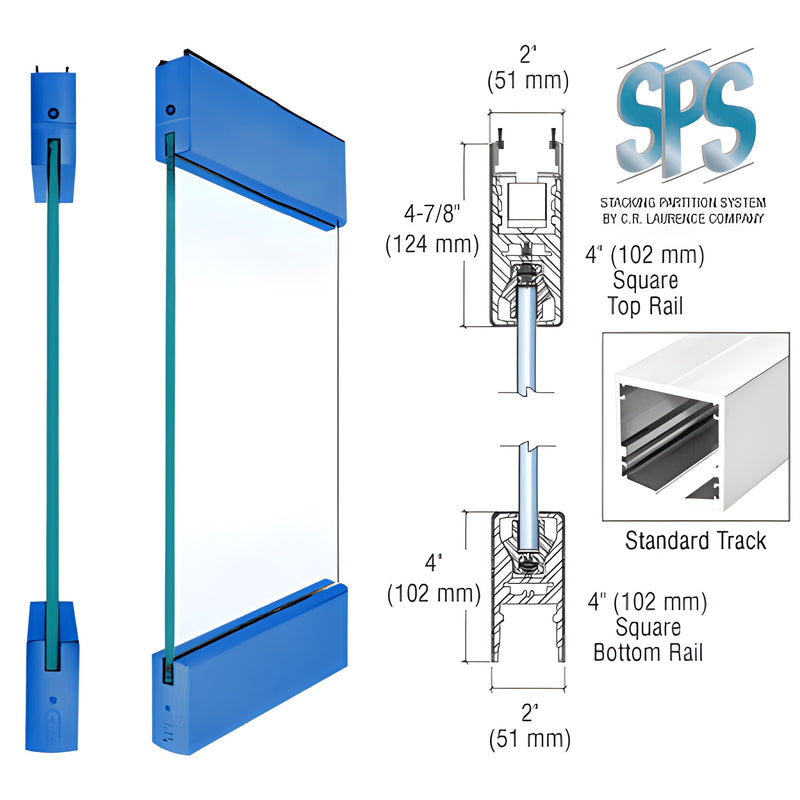 S412S1PT powder-coated 4" square top and bottom rails for 1/2" (12mm) tempered glass sliding/frameless doors.