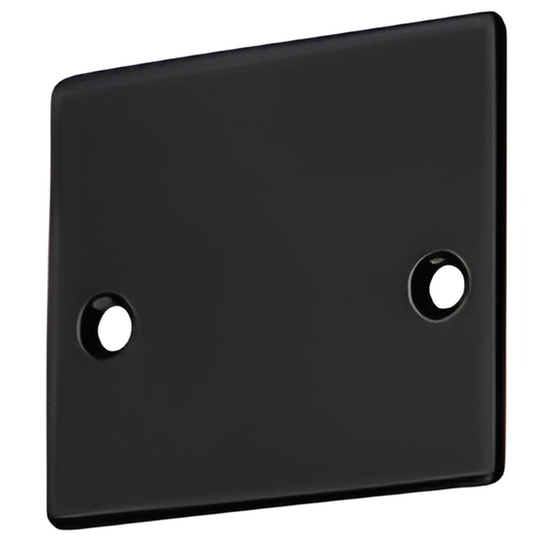 Matte black square U-channel end cap with two pre-drilled screw holes, fits 1/2 in glazing. SKU NHECMBL