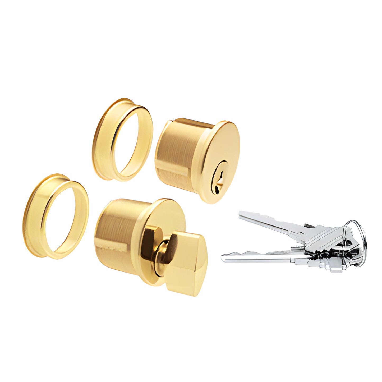 Polished brass mortise keyed cylinder set with thumbturn, escutcheons and three silver keys