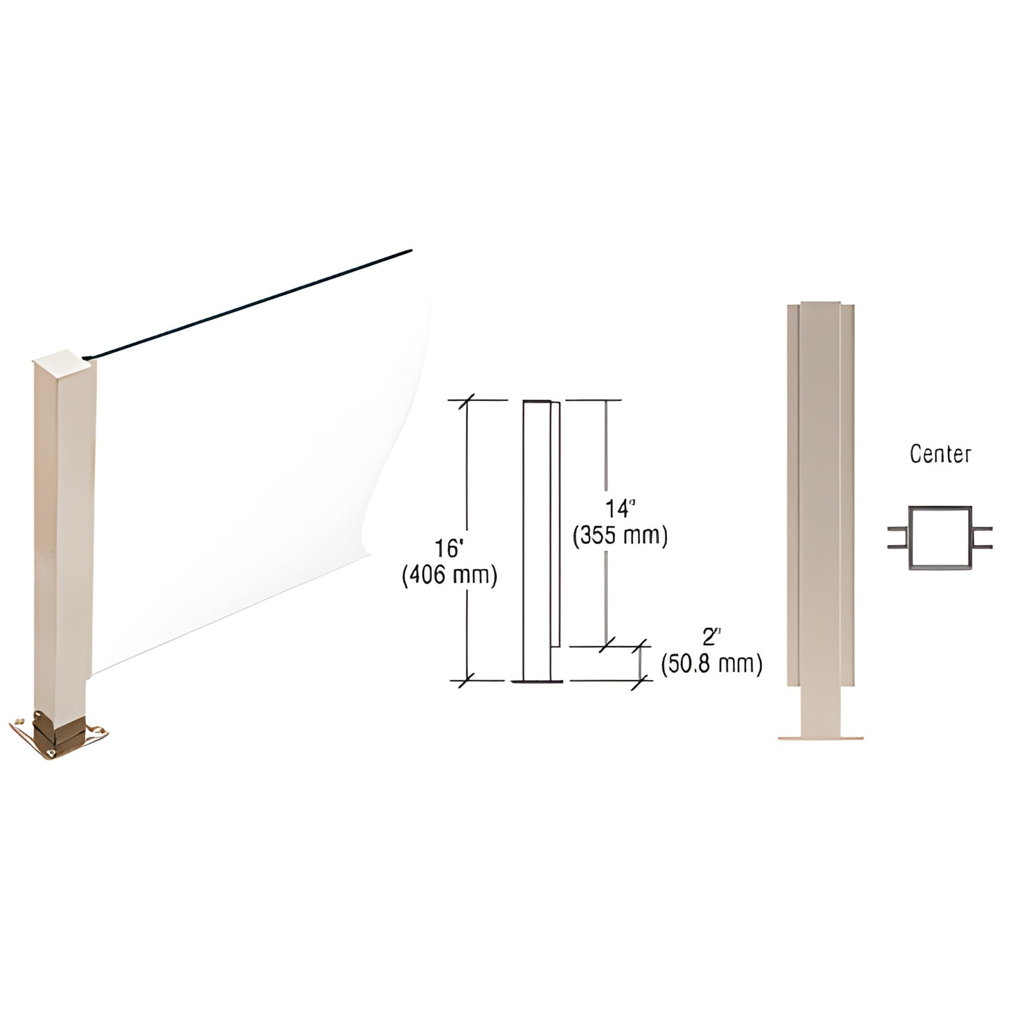 Stainless steel 16" square glass partition post with full length U channel, flat cap and welded base (SKU PP41CBS)