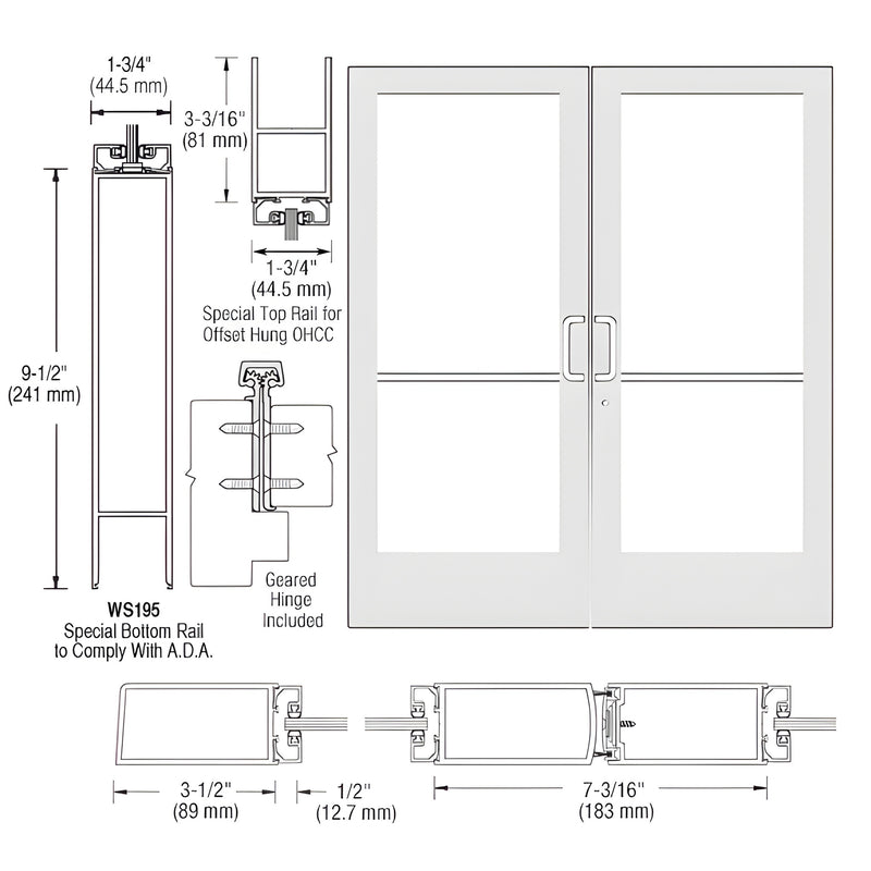 DE42952 white Kynar medium stile commercial double entrance door with glass, 3-1/2 in stiles and 9-1/2 in ADA bottom rail.