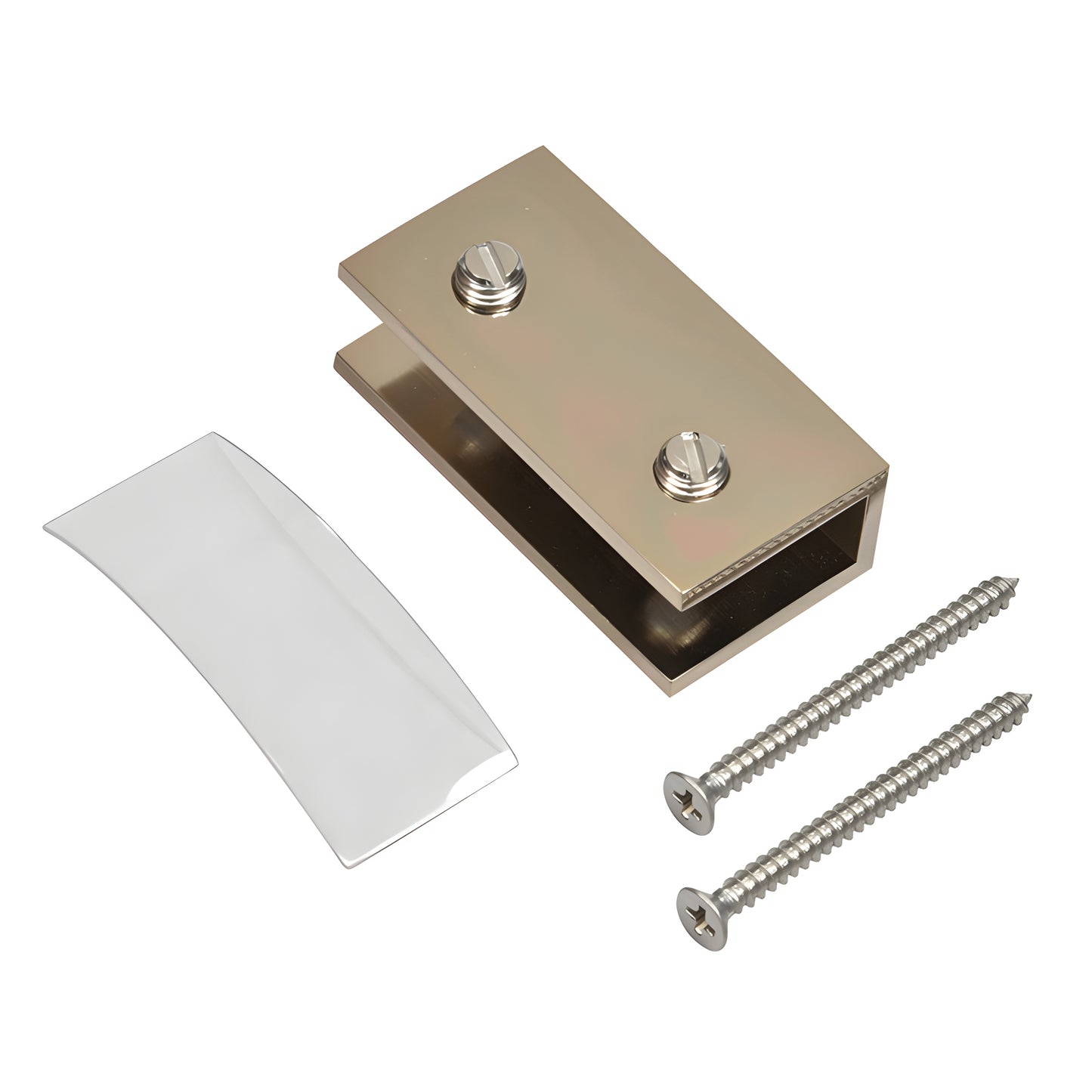 Polished nickel brass no-drill fixed panel clamp kit (SKU NDC4PN) with clear gasket and mounting screws for 8-10mm glass