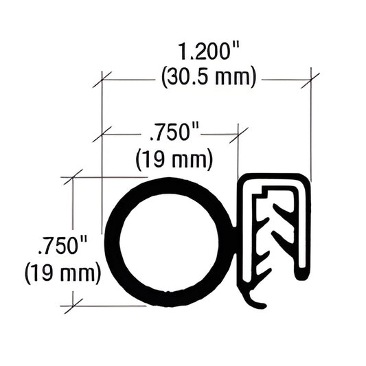 Black push-on trim seal cross-section, round 0.75" bulb with barbed clip edge, 1.200" overall width.