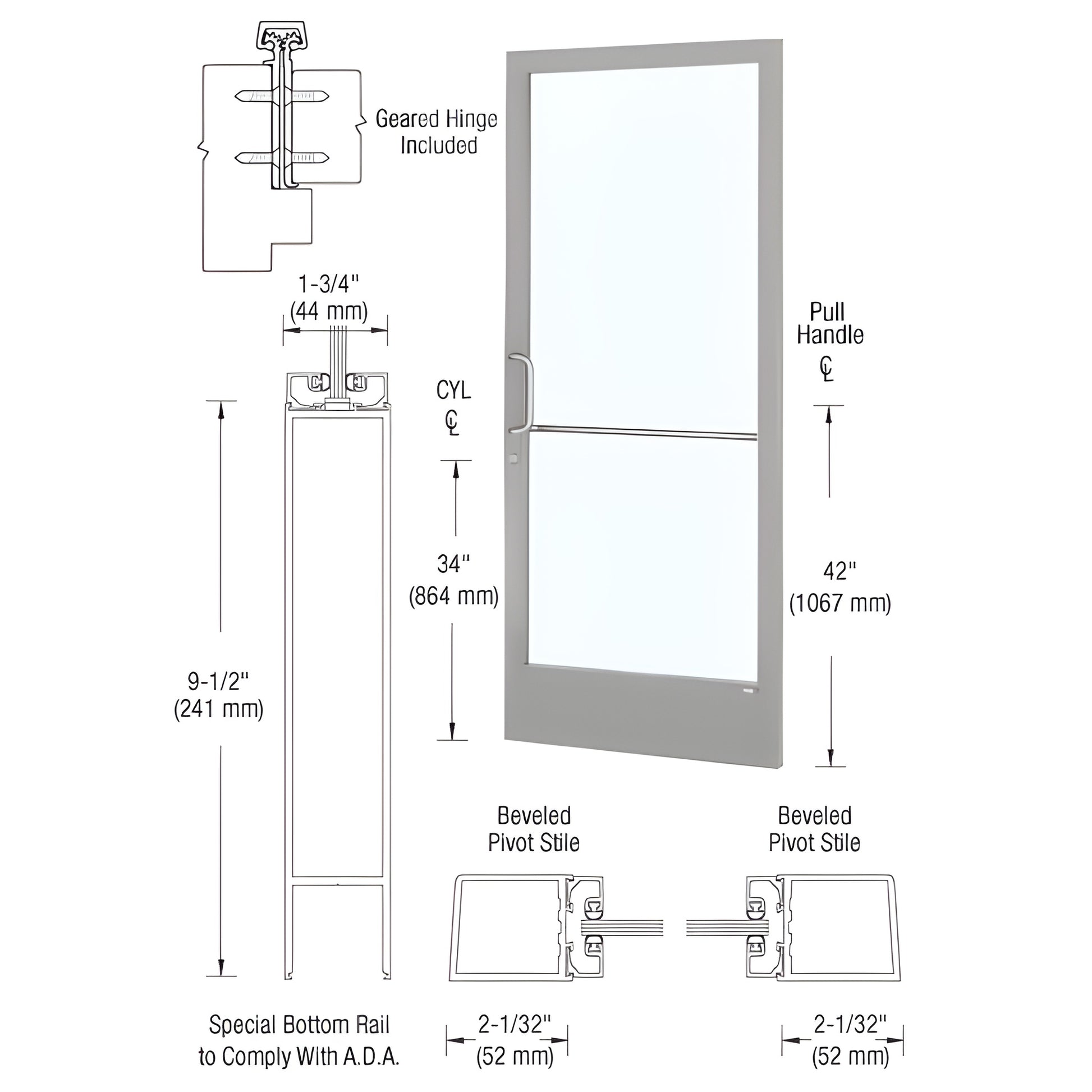 CD21811 clear anodized narrow-stile commercial entrance door with 9.5" ADA bottom rail, 1/4" glass stop, push/pull and lock.