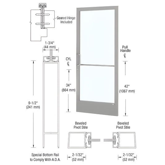CD21811 clear anodized narrow-stile commercial entrance door with 9.5" ADA bottom rail, 1/4" glass stop, push/pull and lock.