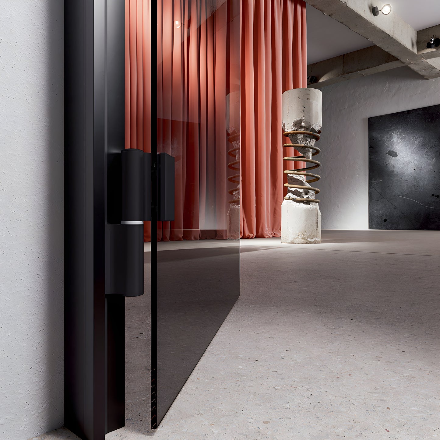 Matte black left hand hydraulic door hinge for frameless glass doors, hold open and adjustable closing (SKU FHEKLMBL)