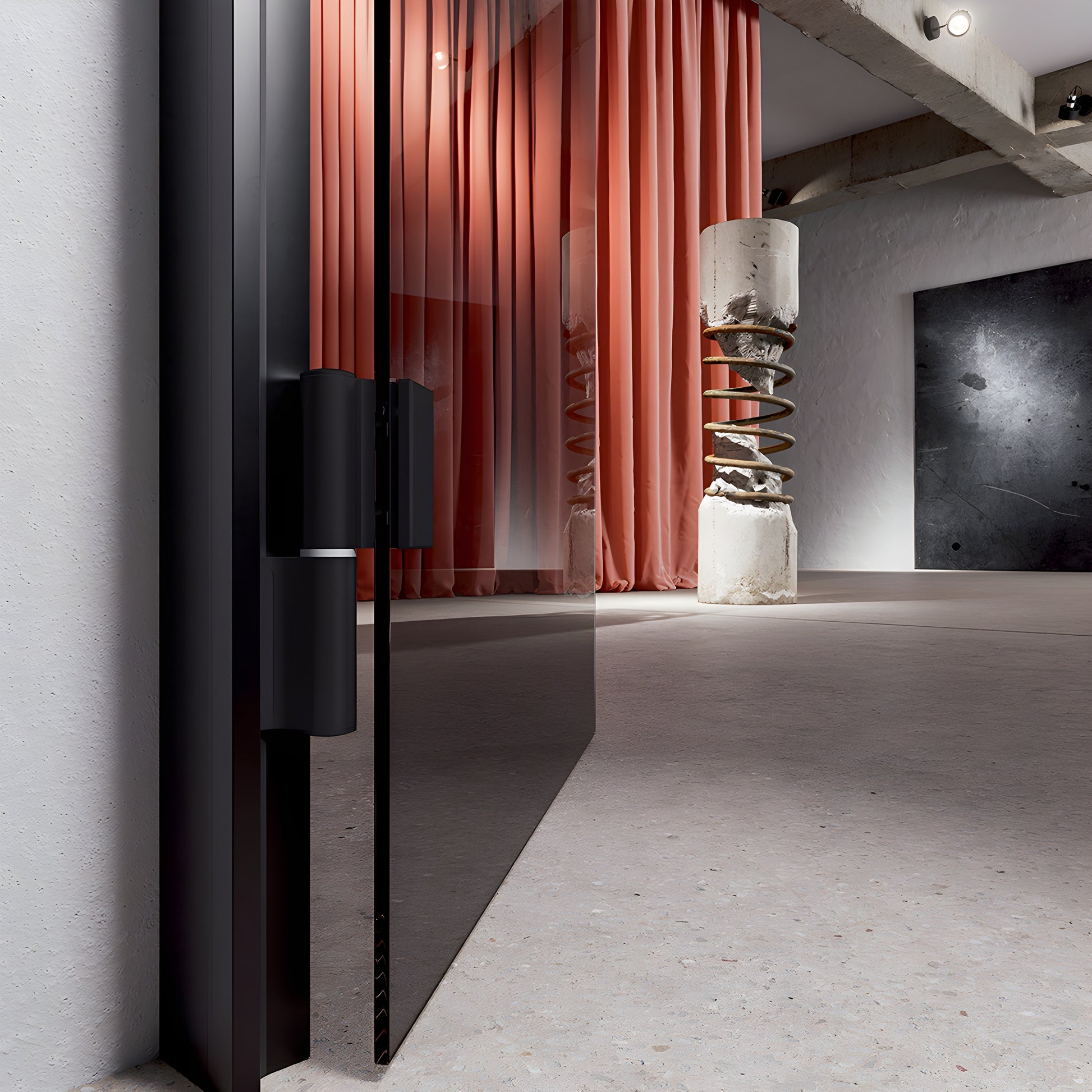 Matte black left hand hydraulic door hinge for frameless glass doors, hold open and adjustable closing (SKU FHEKLMBL)