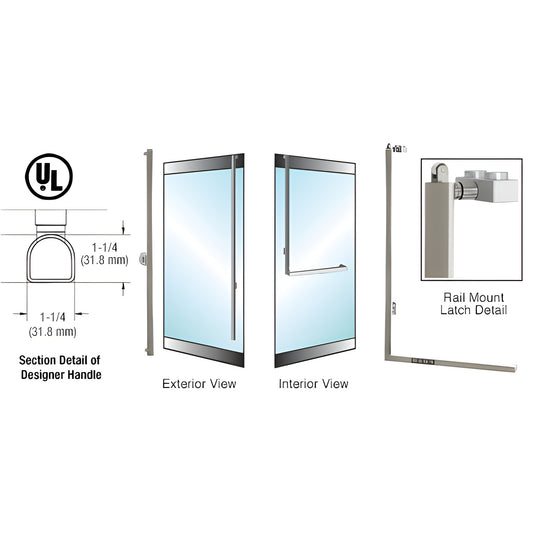 PA100 panic exit handle (SKU 3DP100FS4RKBS) brushed stainless, 1-1/4" D-shape rail-mount for 1/2-3/4" tempered glass doors