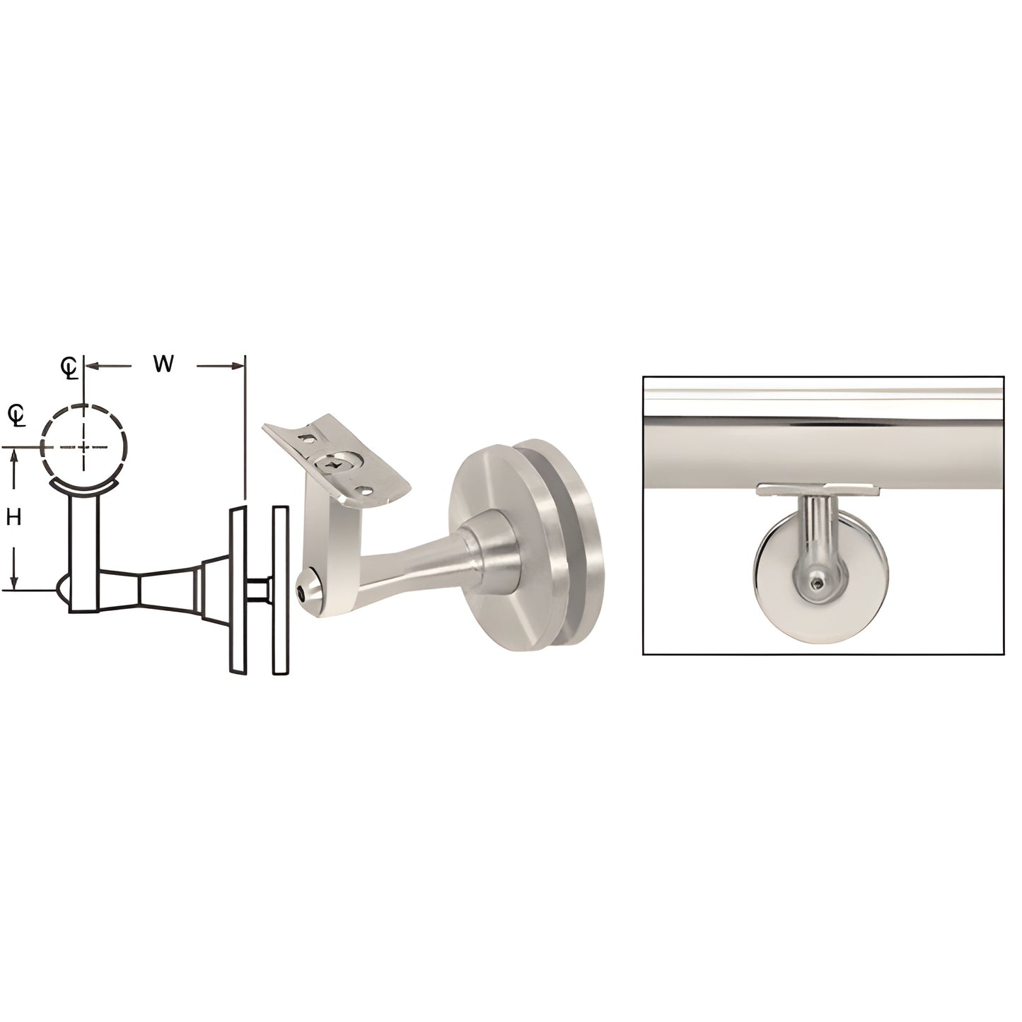 Polished stainless steel glass-mounted 2-way adjustable handrail bracket SKU HR2SGPS for 11 2-2 tubing