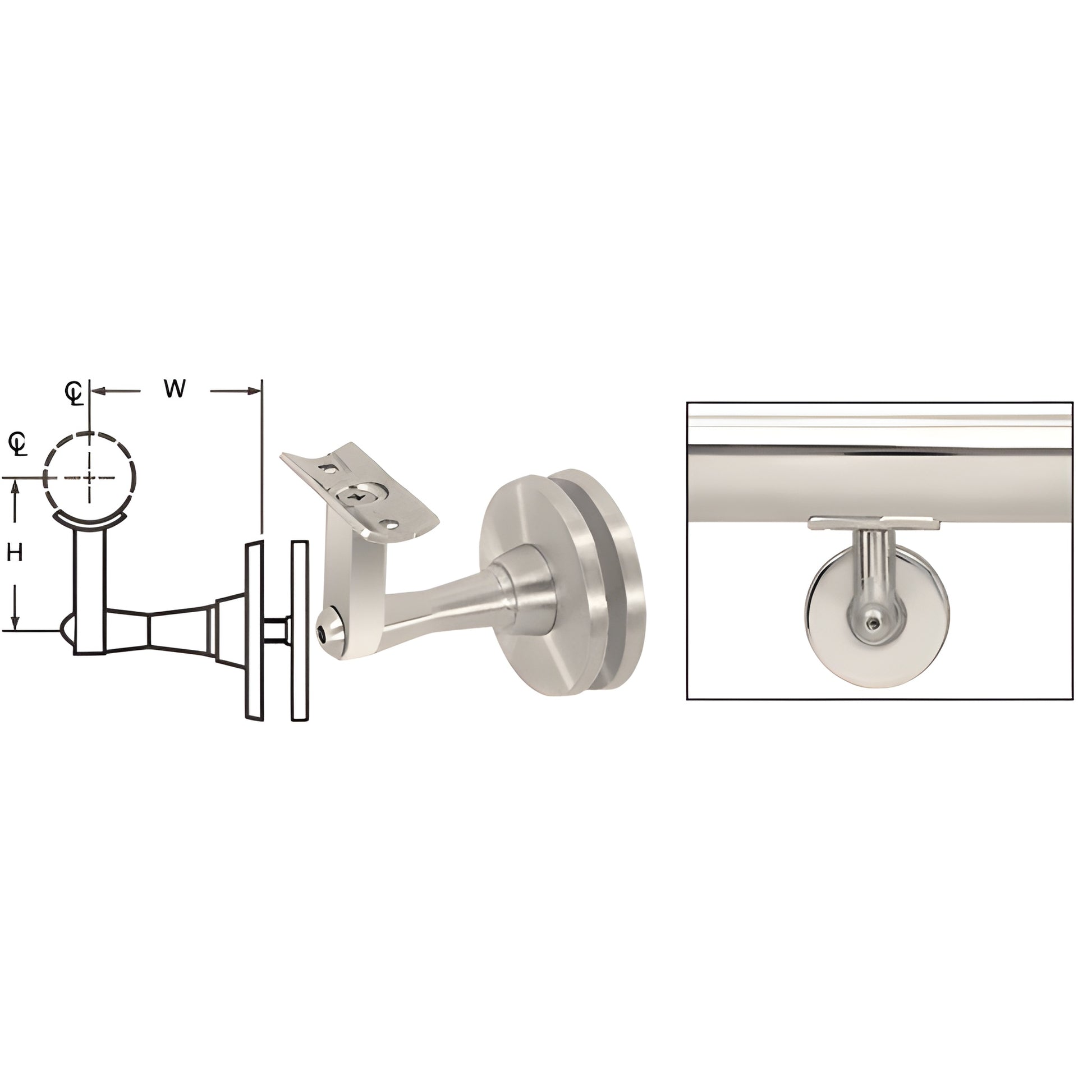 Polished stainless steel glass-mounted 2-way adjustable handrail bracket SKU HR2SGPS for 11 2-2 tubing