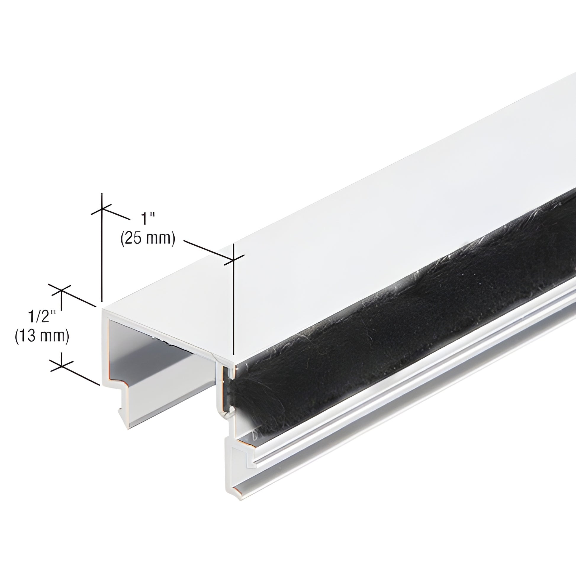 DS04752 white Kynar aluminum extrusion profile with black weatherstrip, 1" (25mm) top, 1/2" (13mm) side.