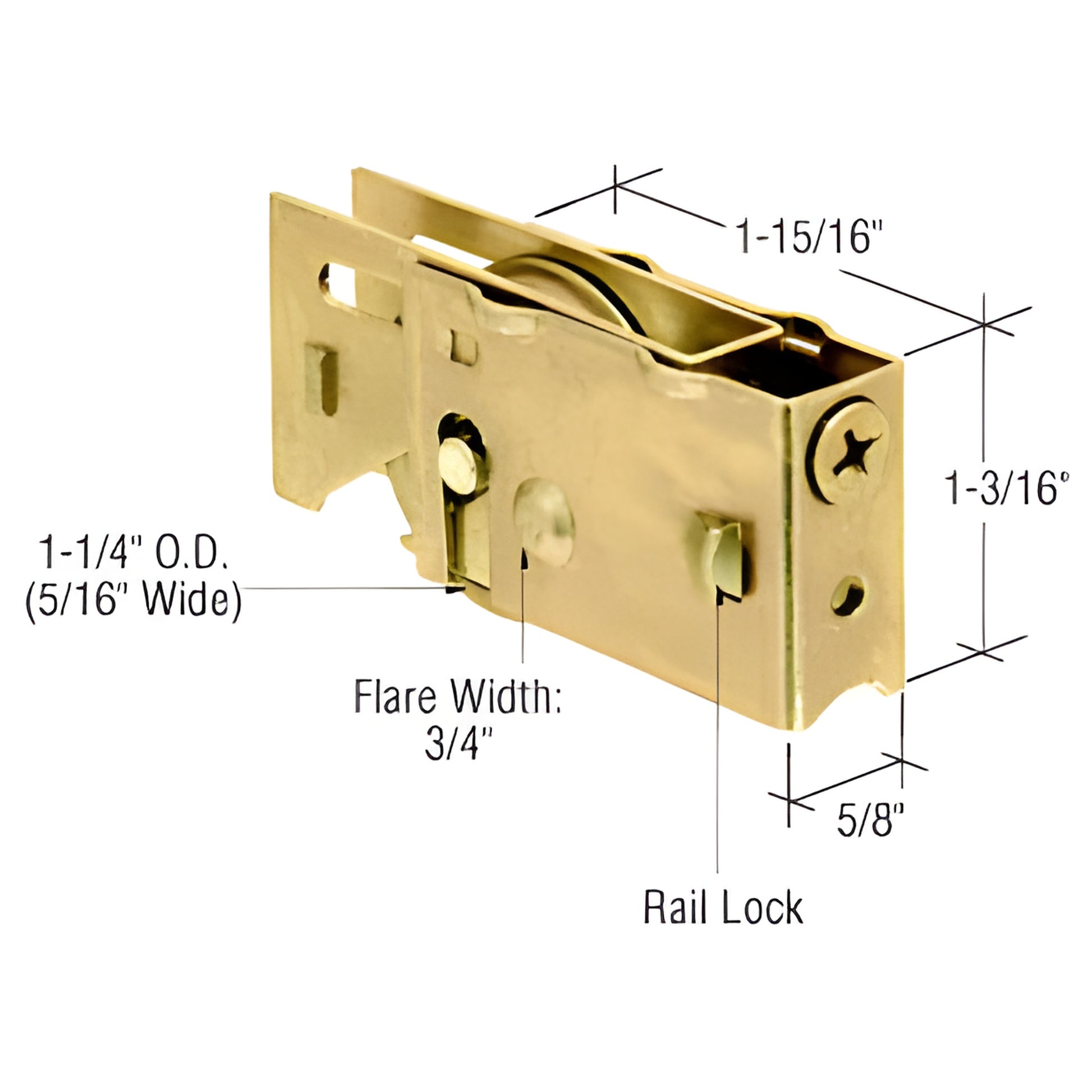 D1820 adjustable steel sliding glass door roller assembly with concave 1-1/4" steel roller, rail lock, dimensions shown