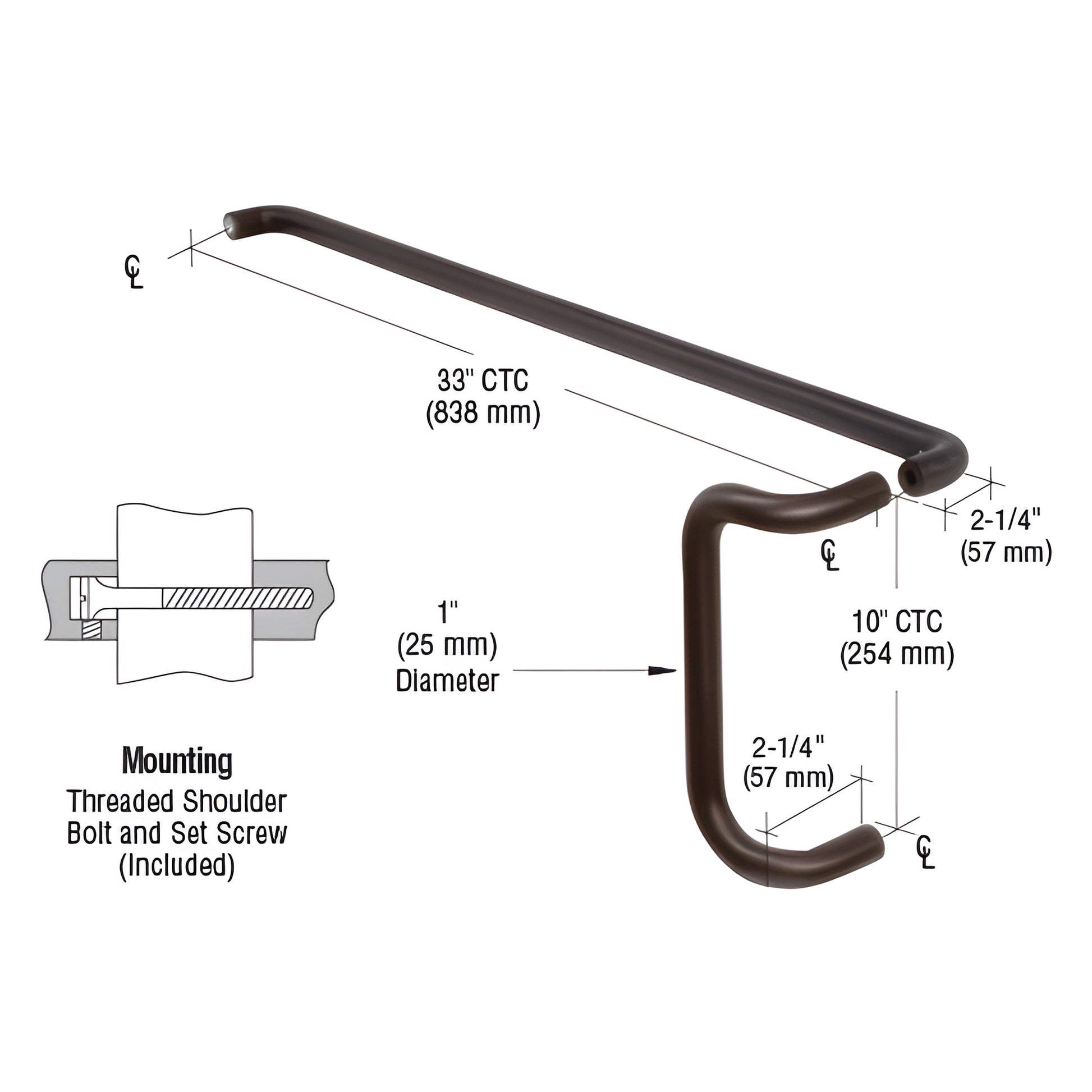 M10X3310B dark bronze 1" aluminum push bar (33" CTC) and pull handle (10" CTC) set for 36" narrow stile doors.