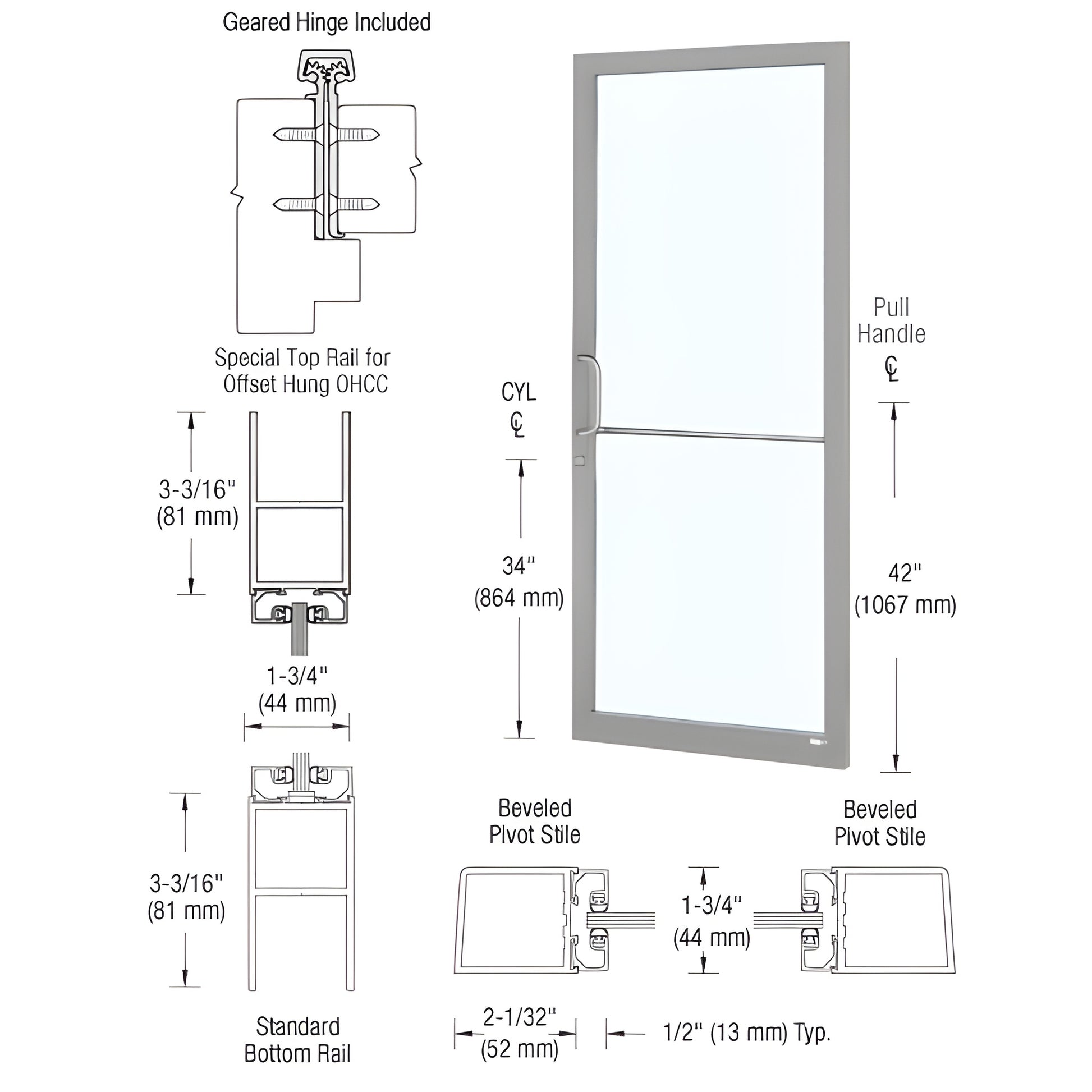 CRL narrow-stile commercial entrance door, clear anodized, 2" stiles, accepts 1/4" glass. SKU DC21911