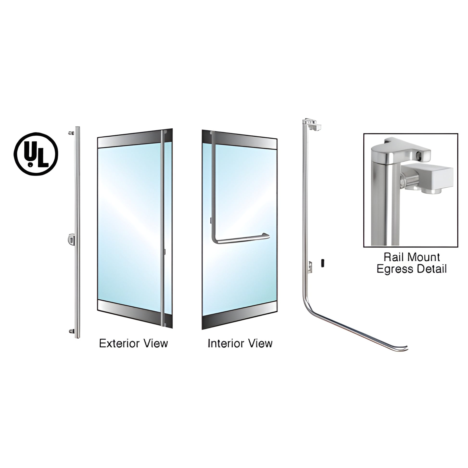 Rail-mount electronic egress panic bar, brushed stainless 1-1/4" dia for 5/8" glass doors, UL recognized - SKU 5E100F4RKBS