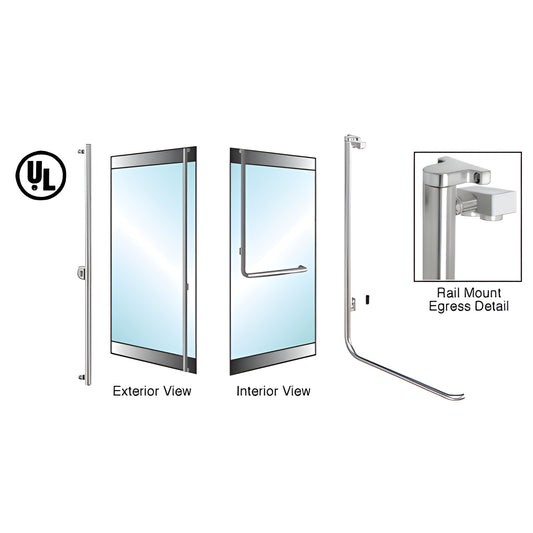 Rail-mount electronic egress panic bar, brushed stainless 1-1/4" dia for 5/8" glass doors, UL recognized - SKU 5E100F4RKBS