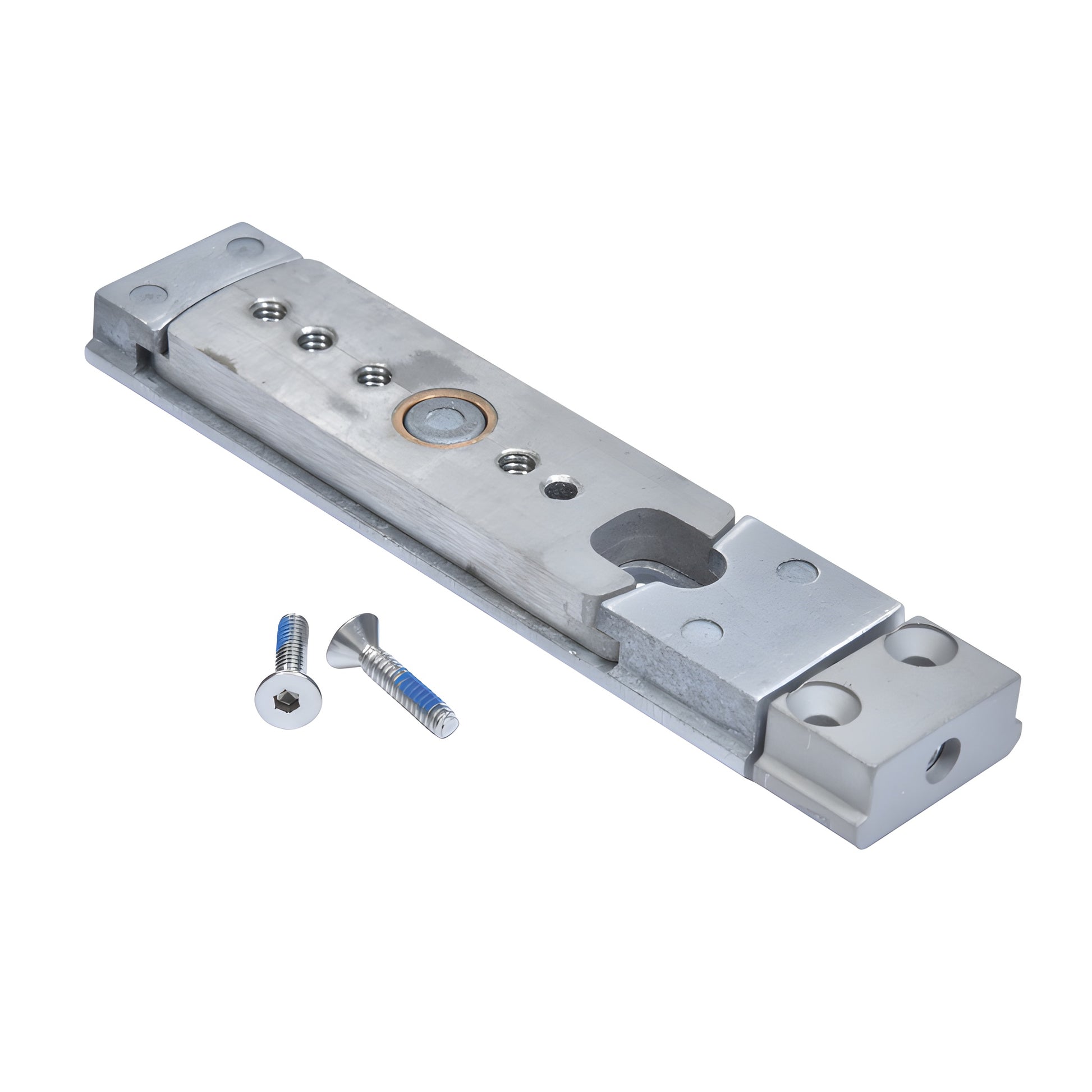 Aluminum DRX6K modular door rail pivot alignment block with Kwik-Adjust feature and two mounting screws.