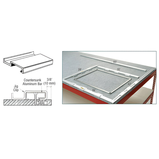 CRL Screen Table Jig Set (P7924): aluminum jig bars and white clips holding a window screen frame square on a work table.