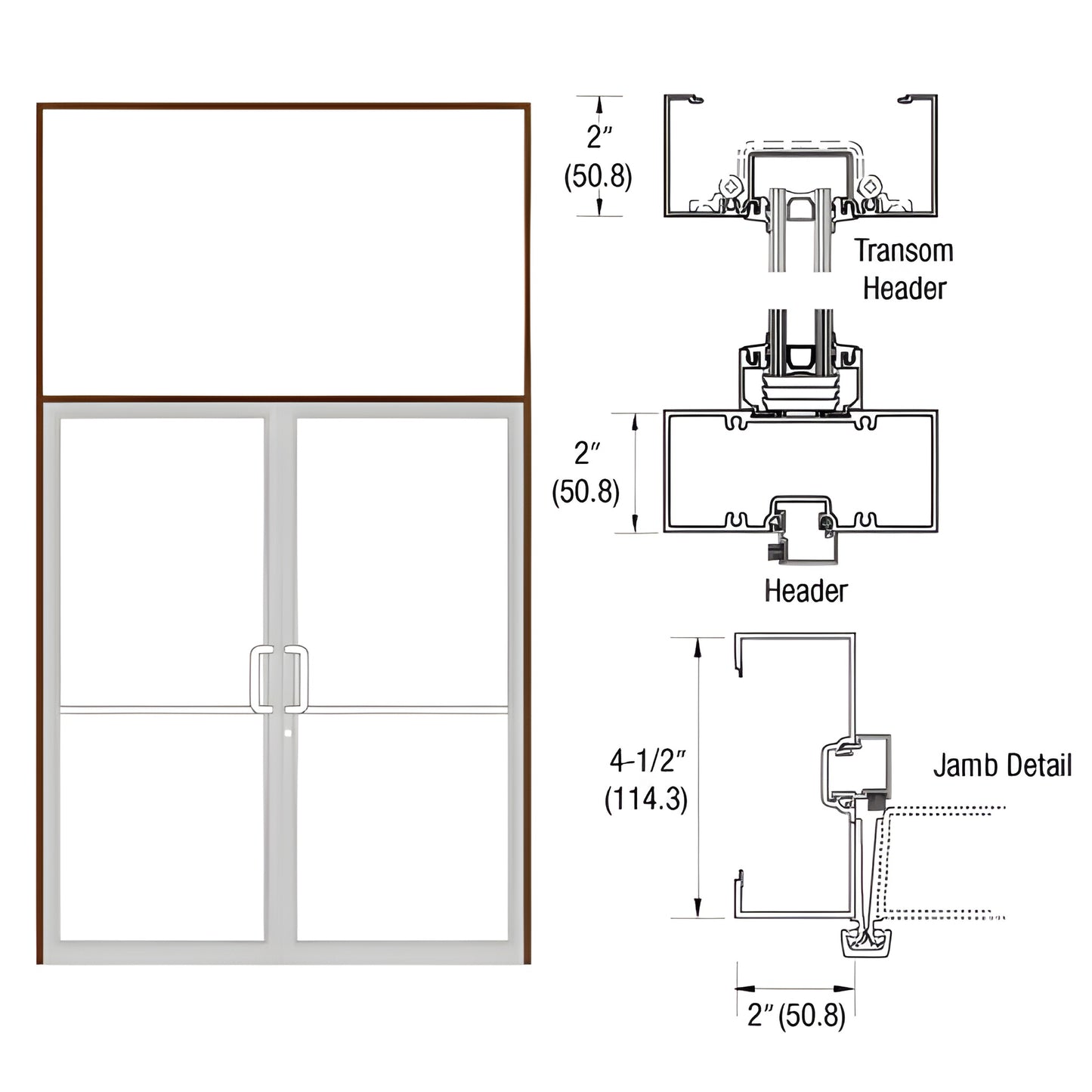 Gear-hinge transom door frame (SKU 0B92822), black bronze anodized, 2" x 4-1/2" transom, open back jambs, aluminum threshold