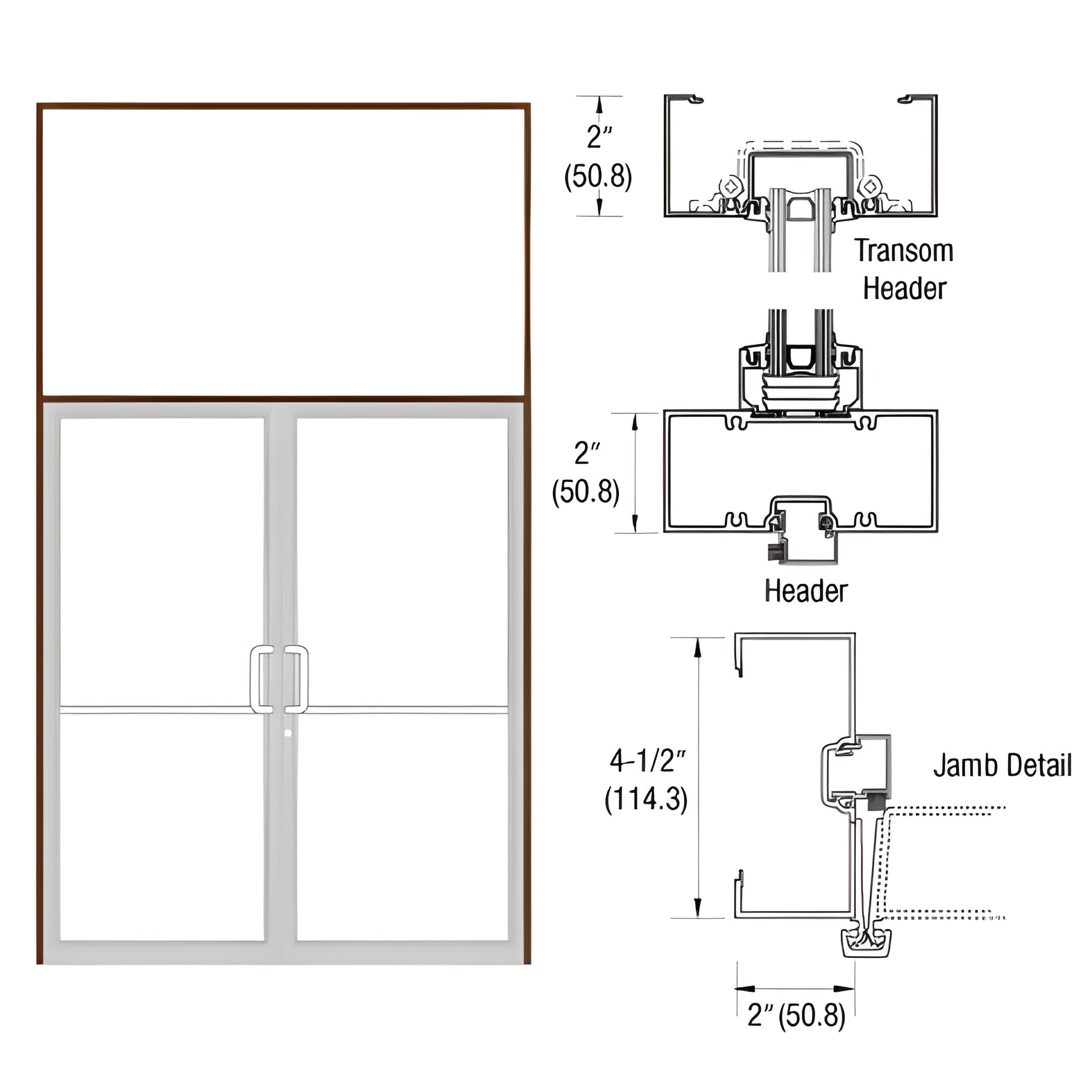 Gear-hinge transom door frame (SKU 0B92822), black bronze anodized, 2" x 4-1/2" transom, open back jambs, aluminum threshold