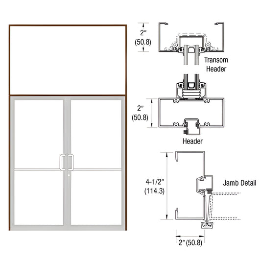 Gear-hinge transom door frame (SKU 0B92822), black bronze anodized, 2" x 4-1/2" transom, open back jambs, aluminum threshold