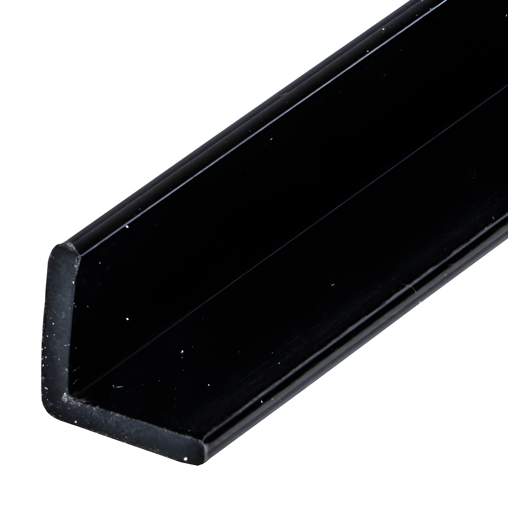 Black polycarbonate L-angle jamb (CRL P12LJBL) for 1/4-1/2 in. glass, hinge/strike use in neo-angle shower installations.