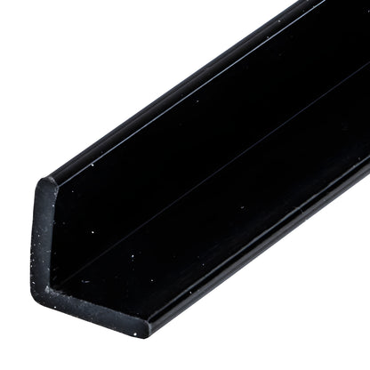 Black polycarbonate L-angle jamb (CRL P12LJBL) for 1/4-1/2 in. glass, hinge/strike use in neo-angle shower installations.
