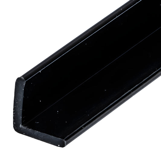 Black polycarbonate L-angle jamb (CRL P12LJBL) for 1/4-1/2 in. glass, hinge/strike use in neo-angle shower installations.
