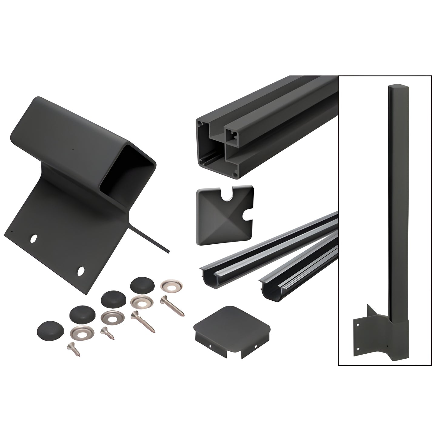 Matte black aluminum fascia-mount post kit FP1H942KBL, includes post, fascia bracket, cap, vinyl gasket and screws