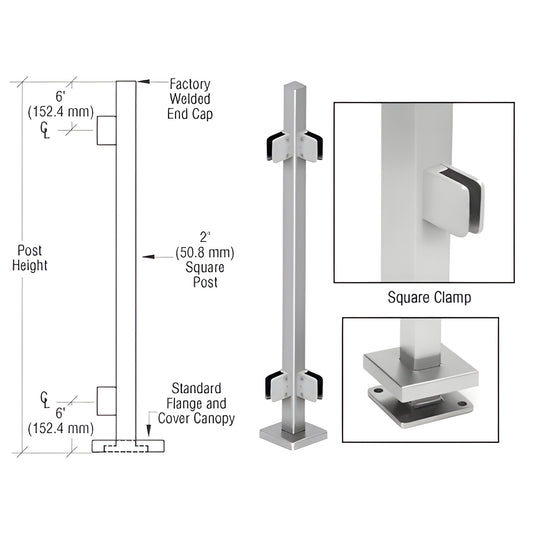 SPS42LBS stainless steel 2" square post kit with Z series glass clamps, base plate and cover canopy, brushed finish