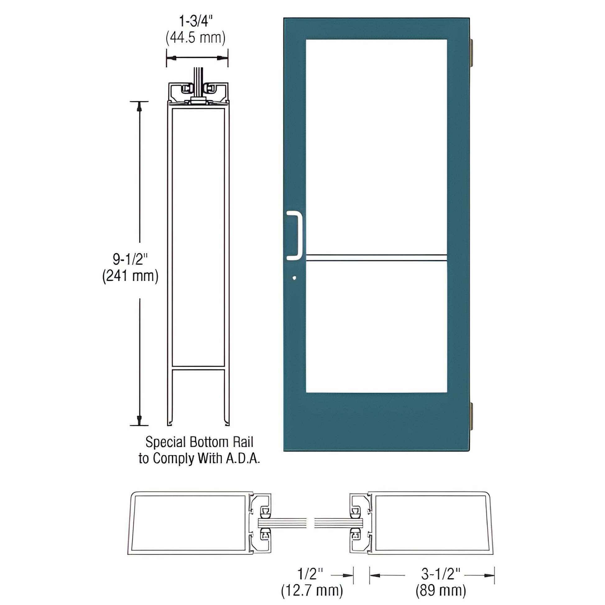 Teal custom medium-stile storefront entrance door (SKU DE41571) with large glazing, ADA 9-1/2" bottom rail and push/pull hard