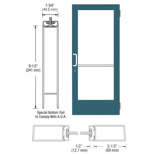 Teal custom medium-stile storefront entrance door (SKU DE41571) with large glazing, ADA 9-1/2" bottom rail and push/pull hard