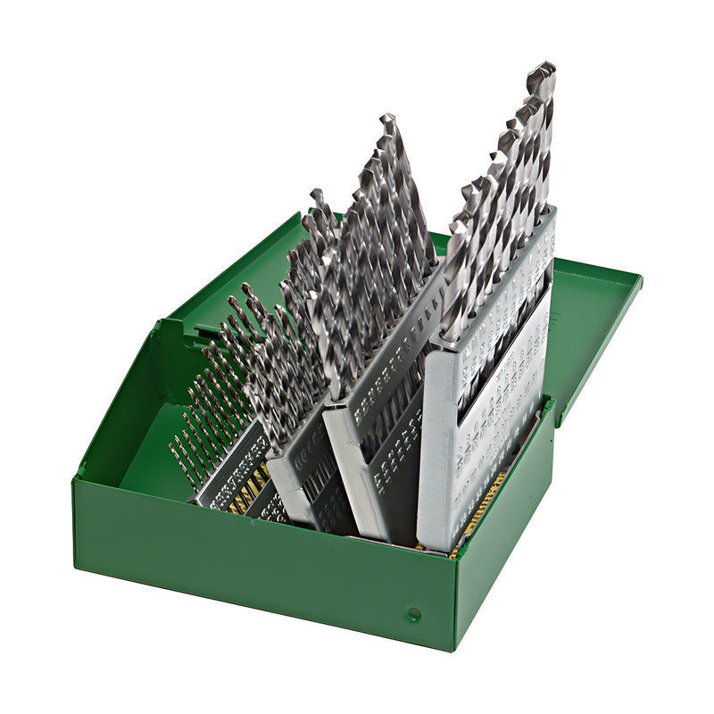 S60W 60-piece HSS wire-gauge drill bit set (#60-#1) in green stamped steel index case, 118 point