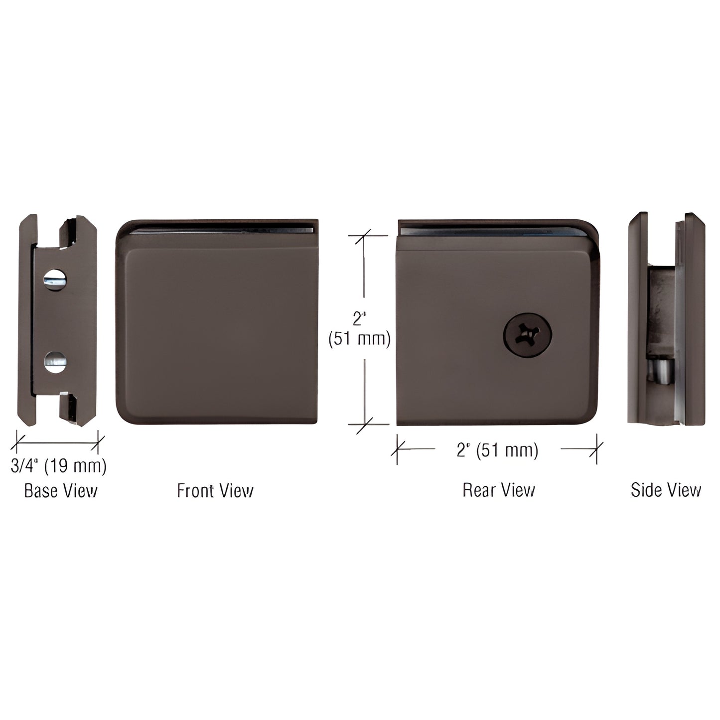 Oil-rubbed bronze beveled wall-mount glass clamp (BGCU10RB), brass, for 3/8-1/2" glass - front/rear/side views