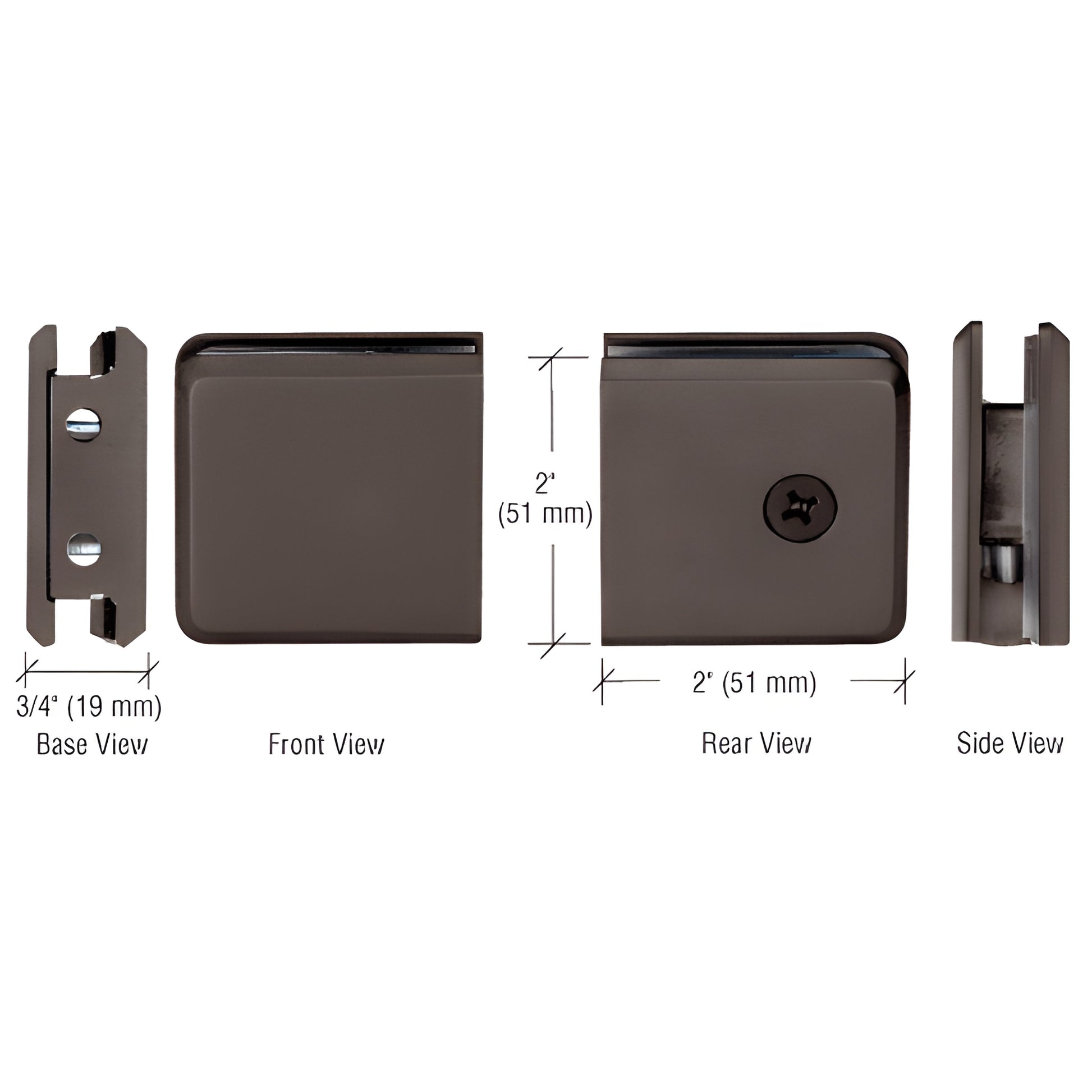 Oil-rubbed bronze beveled wall-mount glass clamp (BGCU10RB), brass, for 3/8-1/2" glass - front/rear/side views