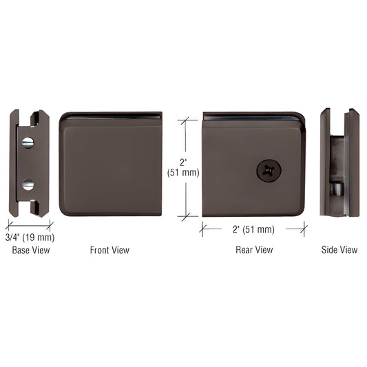 Oil-rubbed bronze beveled wall-mount glass clamp (BGCU10RB), brass, for 3/8-1/2" glass - front/rear/side views