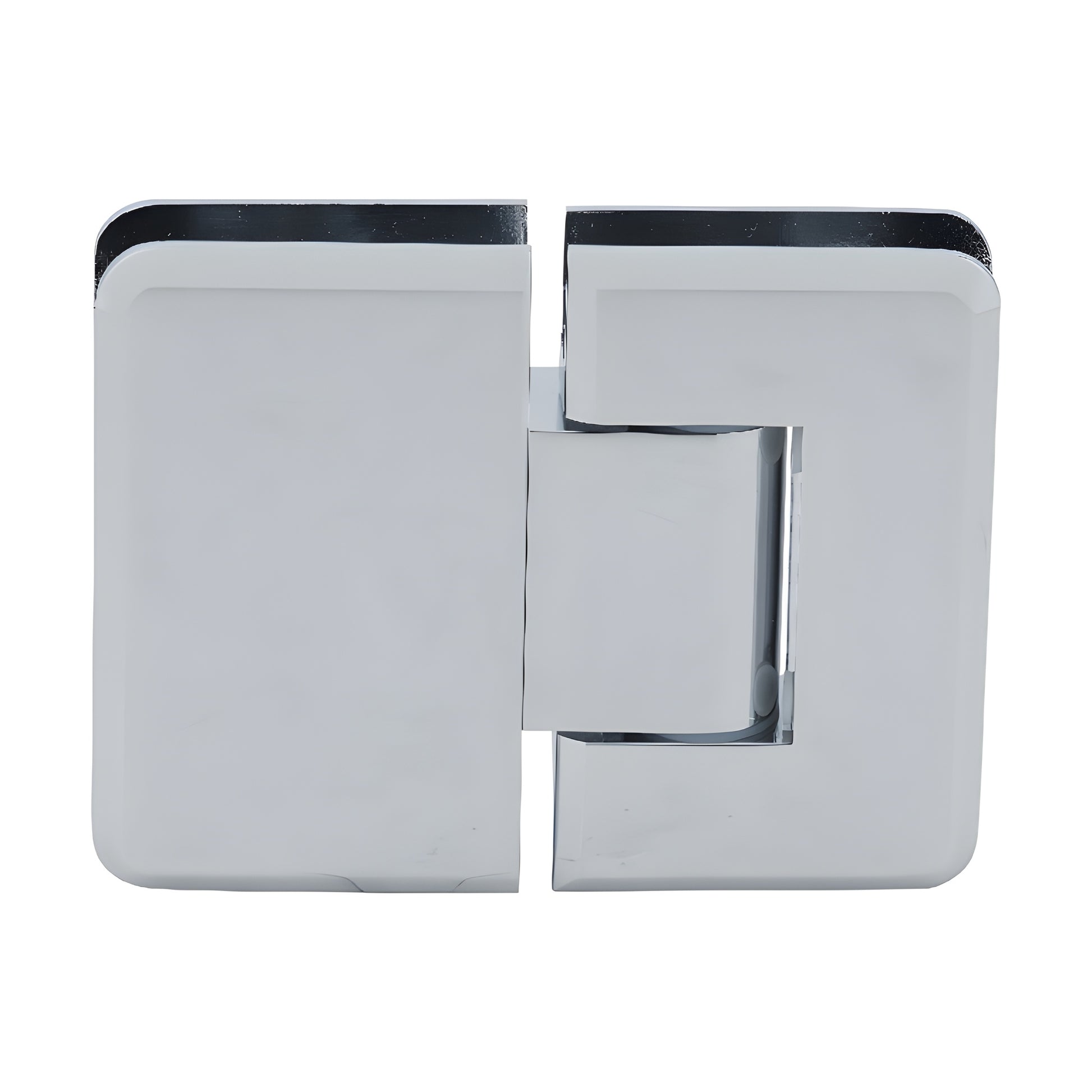 P1N380CH polished chrome adjustable glass-to-glass shower hinge, solid brass, beveled profile, self-centering.